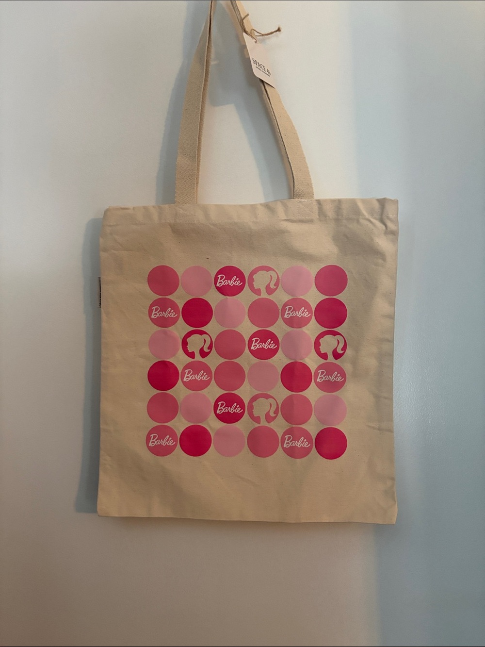 Barbie Beige Canvas Tote with Pink Dot Graphic